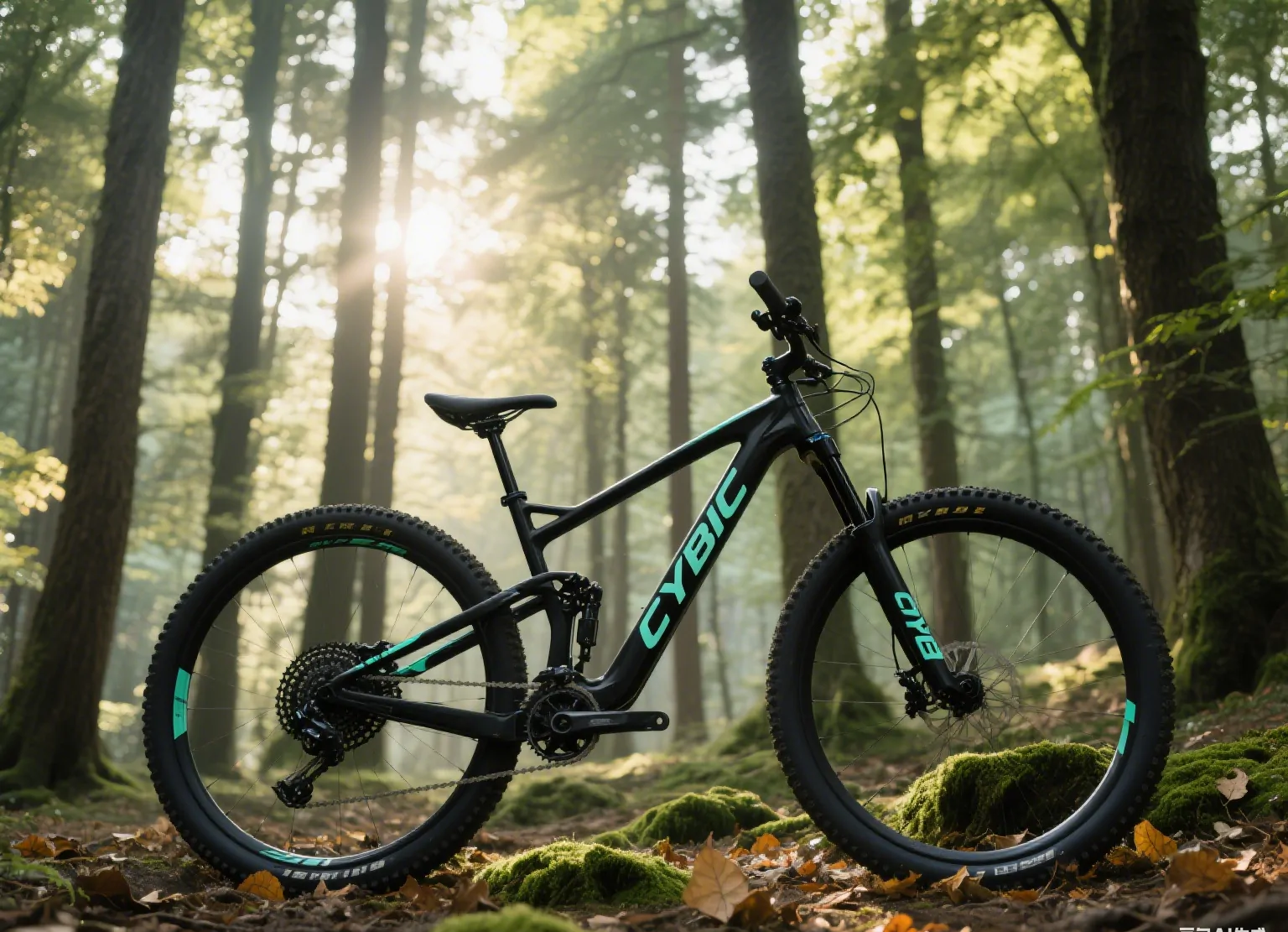 Black mountain bike in forest Black mountain bike in forest