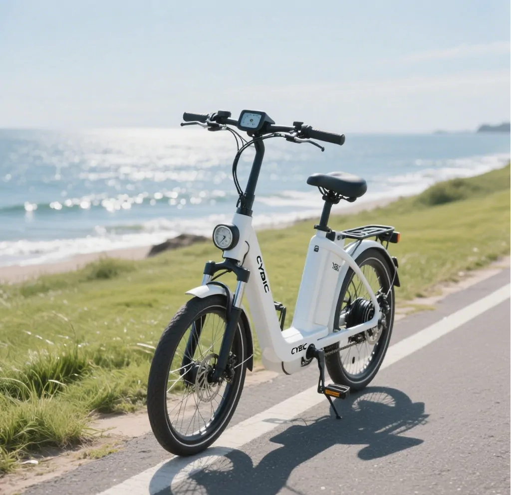 White e-bike by seaside White e-bike by seaside
